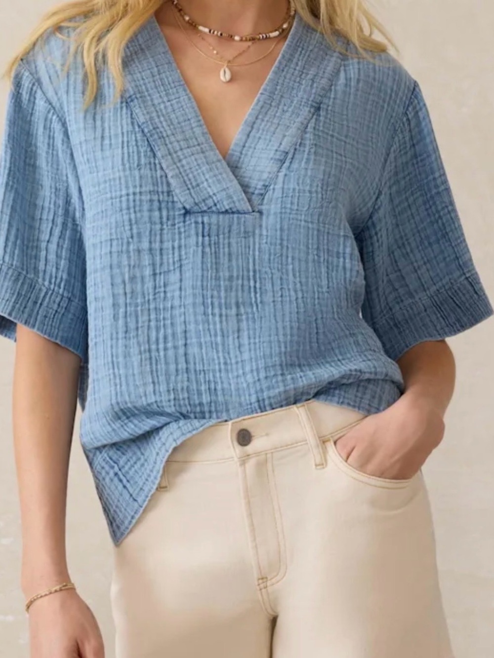 Faherty Dune Sky Blue Textured V-Neck Gauze Organic Cotton Top